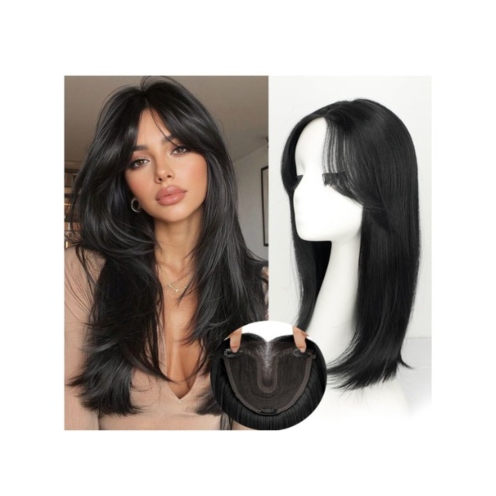Isaic 18 Inch Synthetic Hair Topper Jet Black Clip In Volume Piece Curtain Bangs